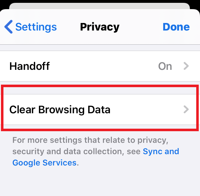Clear Browsing Data under Chrome iPhone Privacy Settings