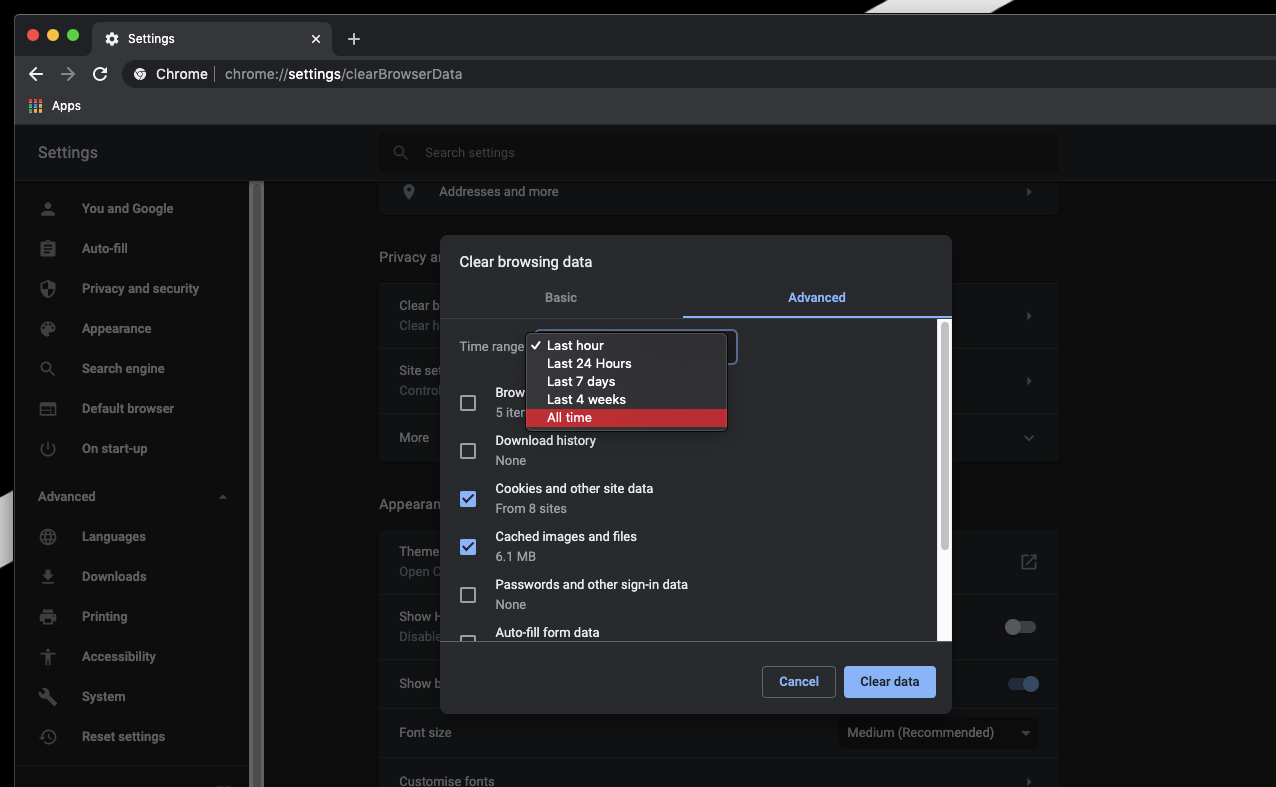 Clear browser cache and site cookies from Chrome Computer
