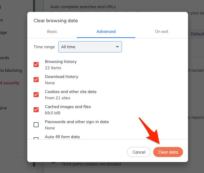 Clear browsing data Advanced tab on Brave browser