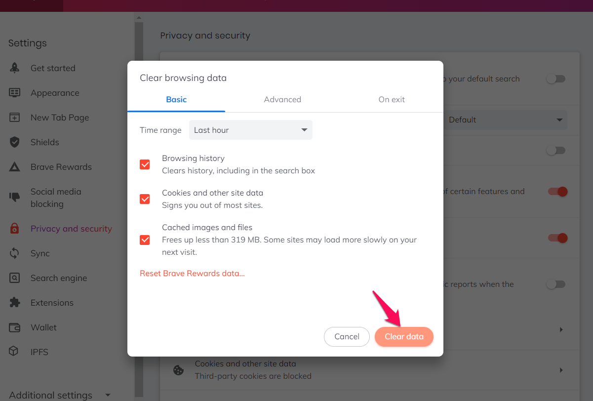 Clear Browsing Data for Last One Hour in Brave Computer