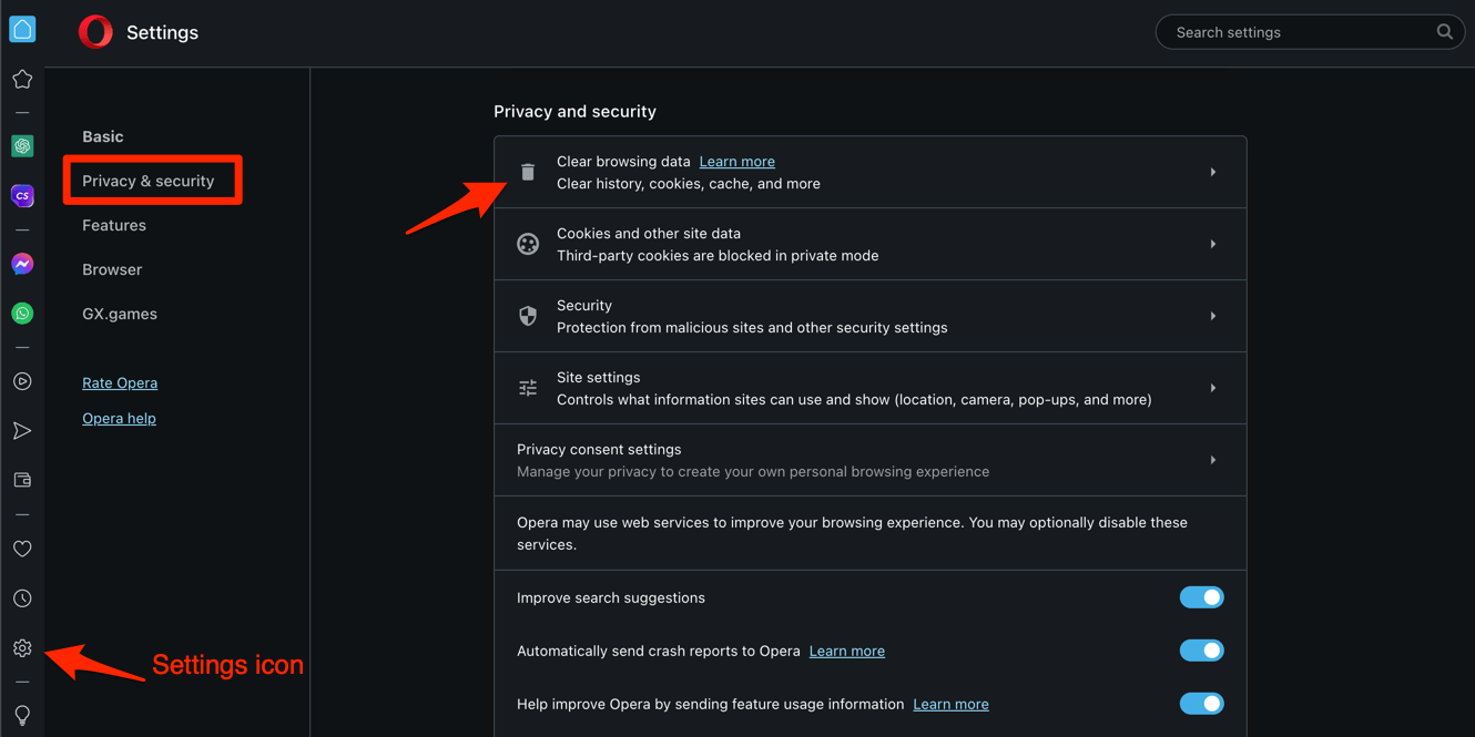 Clear browsing data option under Privacy and Security settings in Opera browser