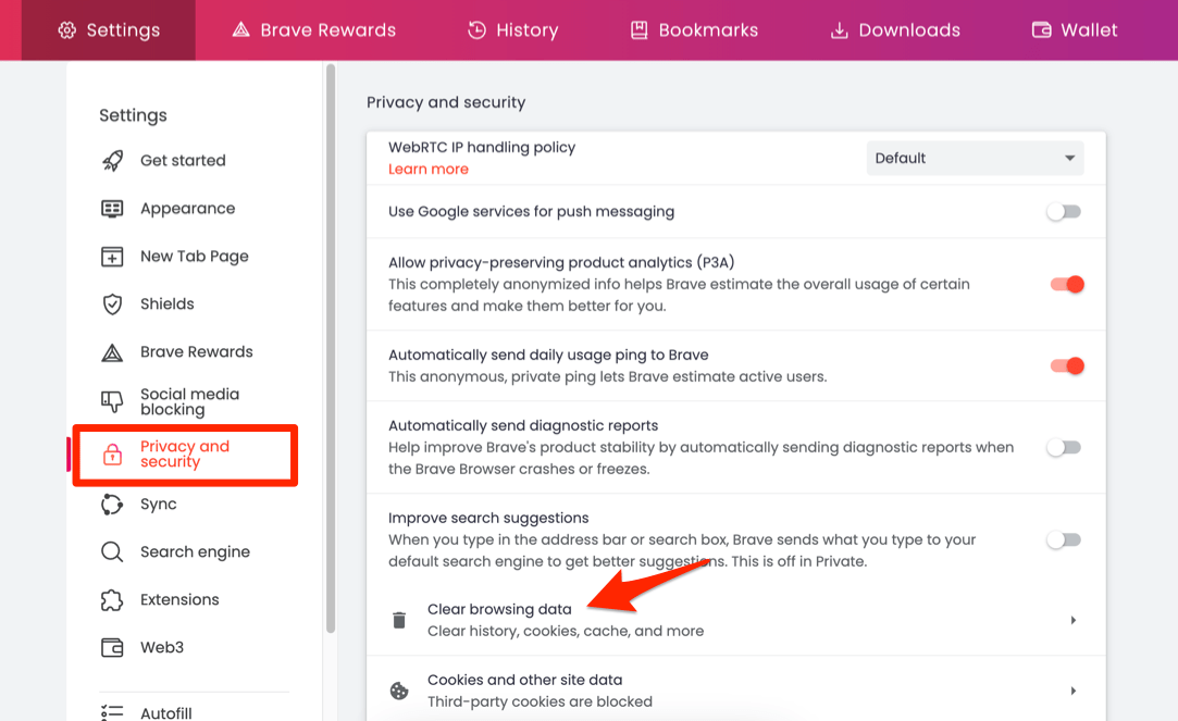 Clear browsing data option under Privacy and Security tab in Brave browser on computer