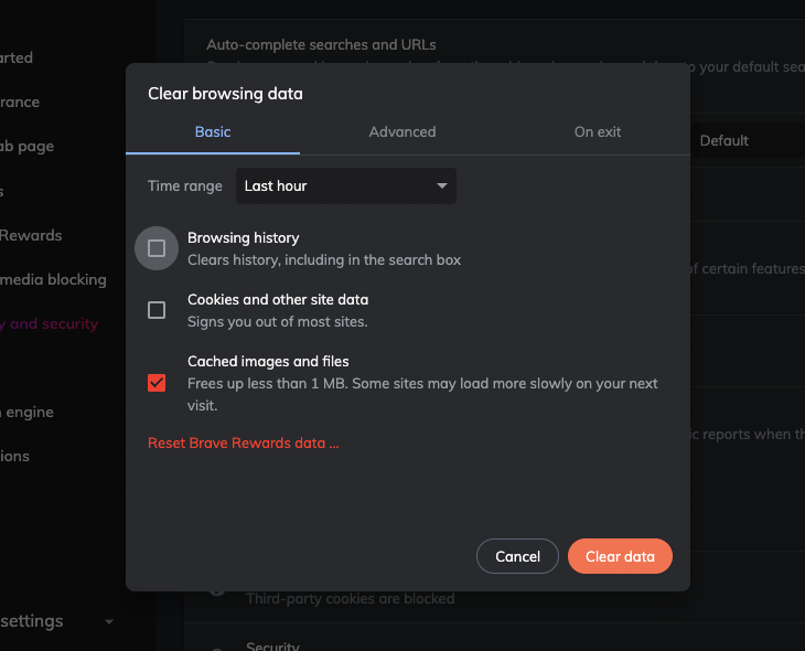 Clear browsing data window with cache image and files selected for clear data on brave