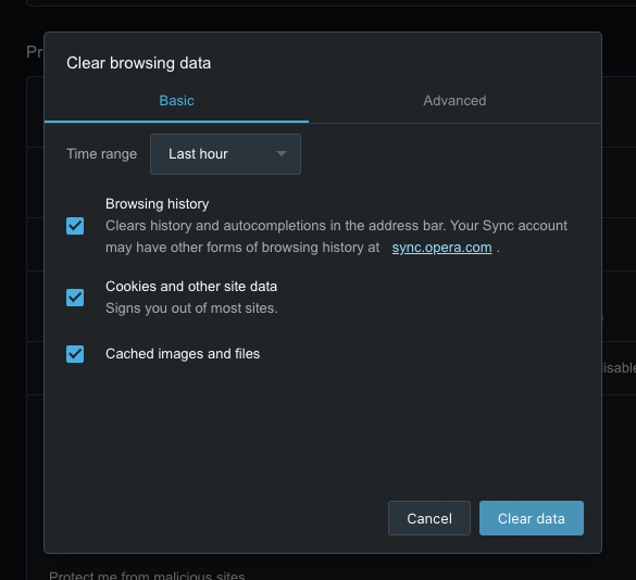 Clear browsing data window with option to clear history cookies and cache from Opera
