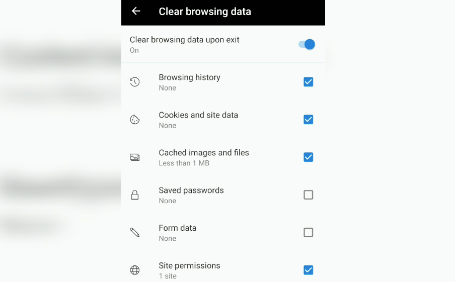 clear browsing history cookies and site data and cached images and files in edge android
