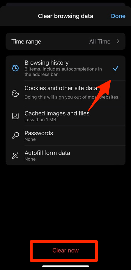 Clear browsing history from Clear browsing data page on Edge for iPhone