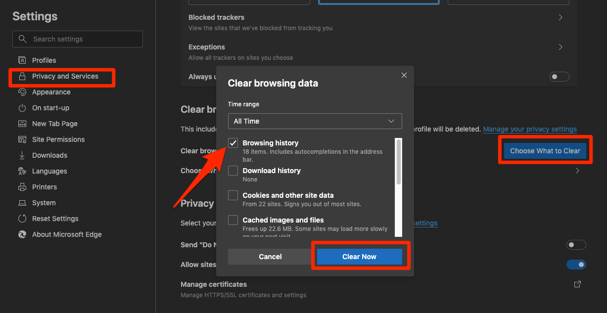 Clear browsing history from Edge browser on computer