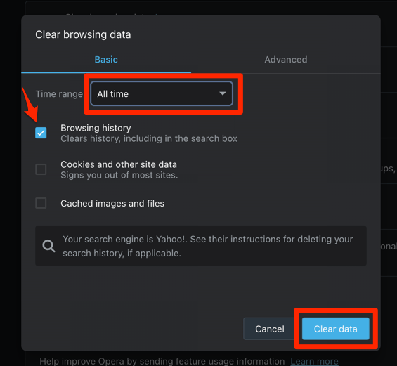 Clear browsing history from the Clear data window on Opera computer