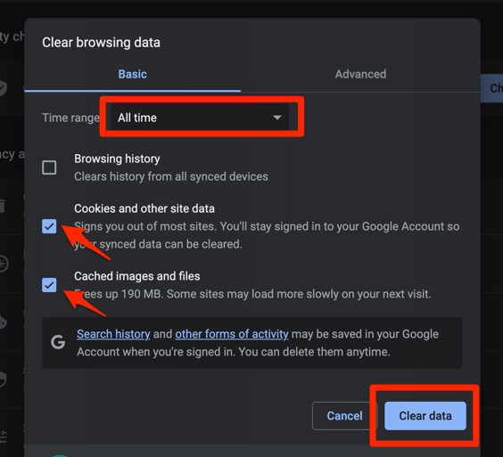 Clear cookies and cache data from the Chrome computer with Clear data command