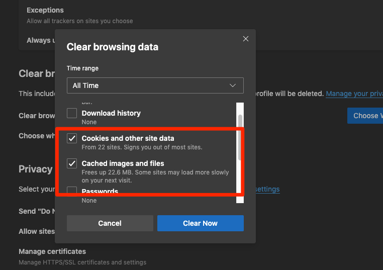 Clear Cookies and Caches files from the browser