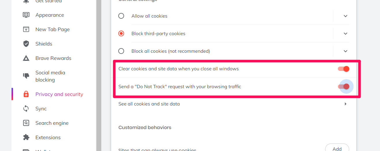 Clear Cookies and Send Do NOT Track toggle option for Brave browser