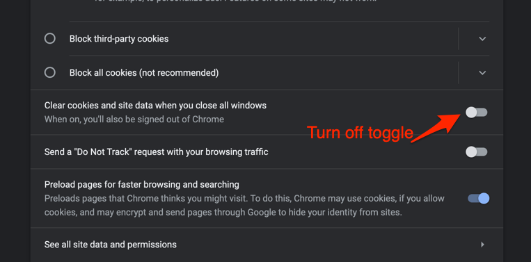 Clear cookies and site data when you close all windows option in Chrome browser