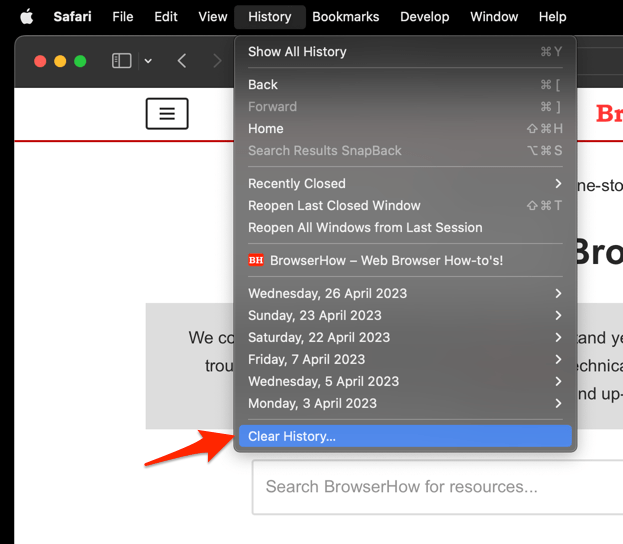 Clear History menu item under History menu on Safari menubar