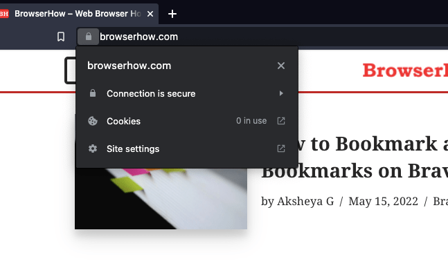 Connection cookies and site settings details in Brave browser