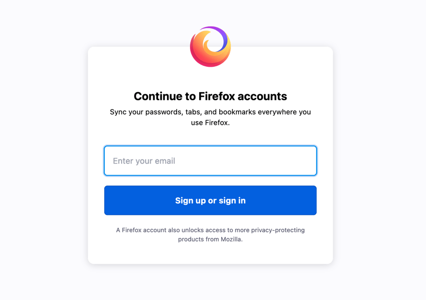 Continue to Firefox accounts for sign up or sign in