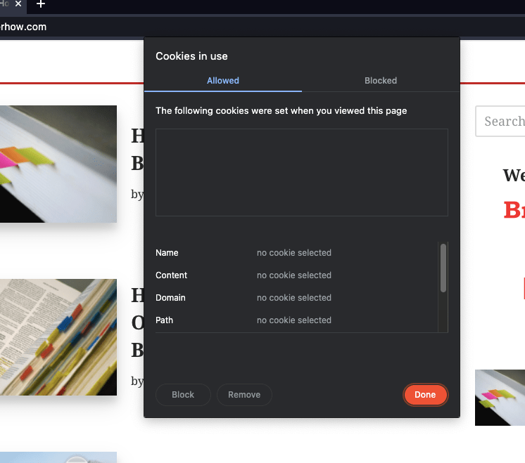 Cookies in use window Brave Browser