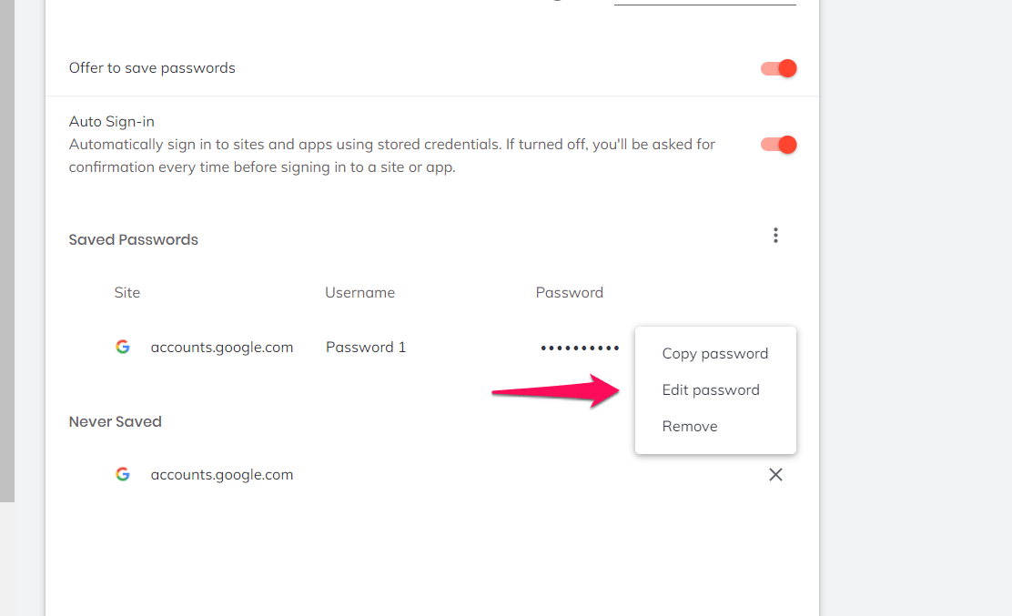 Copy Edit and Remove saved password from Brave browser