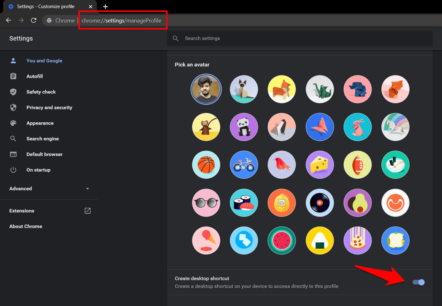 Create Desktop Shortcut option in Chrome Profiles page