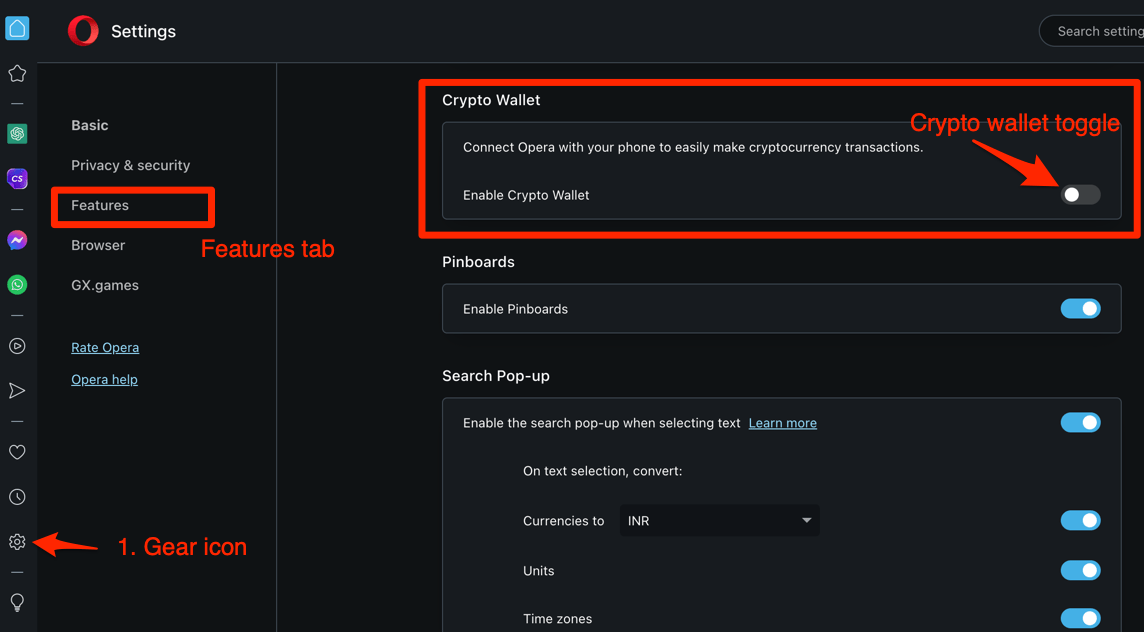 Crypto Wallet Toggle button under Opera Settings menu