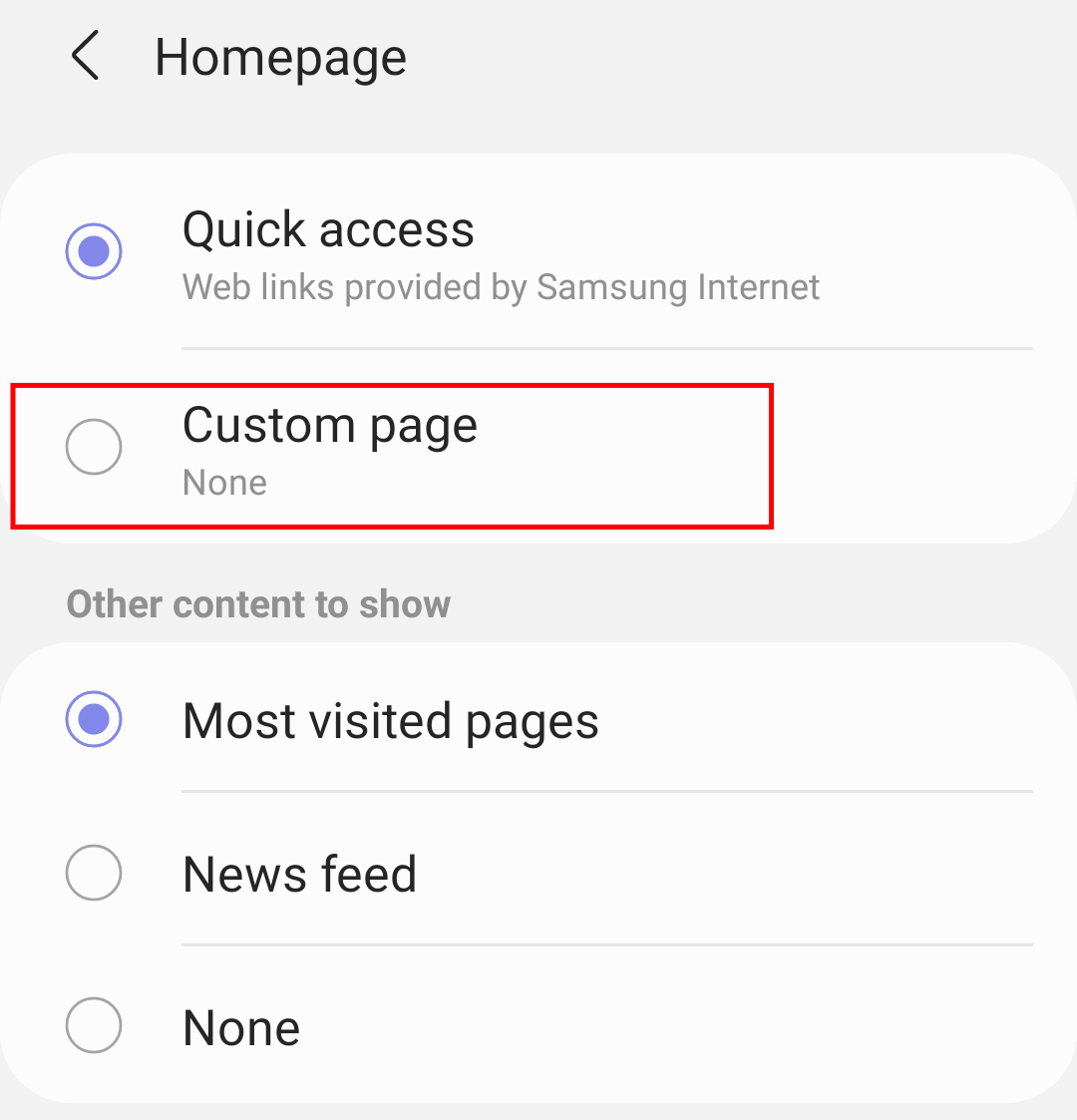 Custom Homepage selection on Samsung Internet