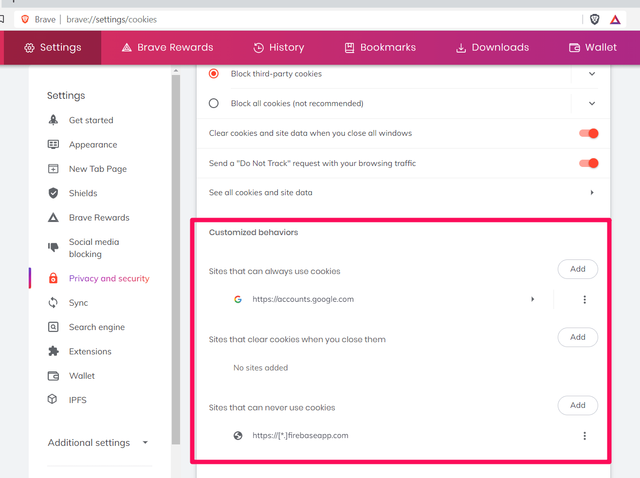 Customize Behavior for Brave browser cookies by adding site URL