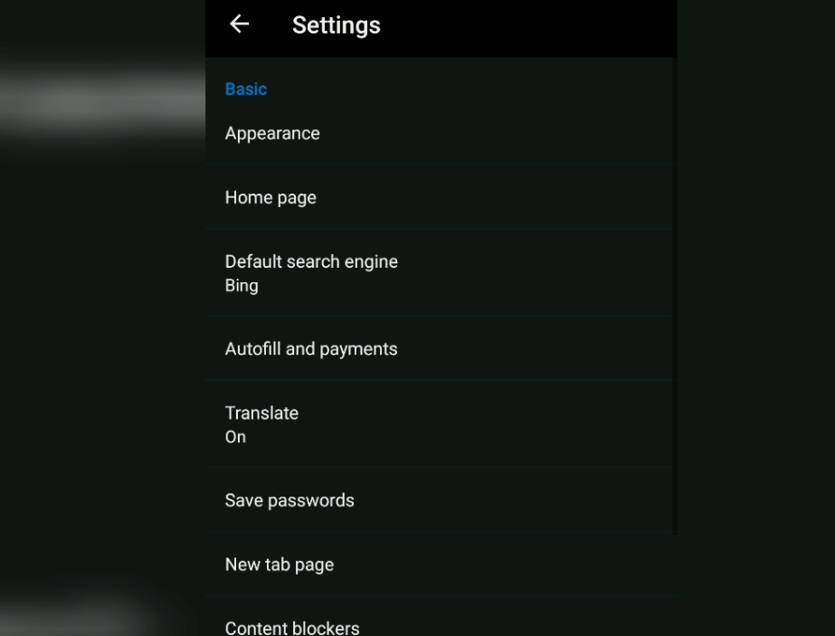 dark skin and options in Edge Android