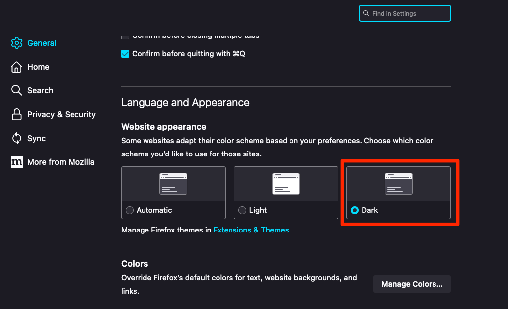 Dark Website appearance settings in Firefox browser