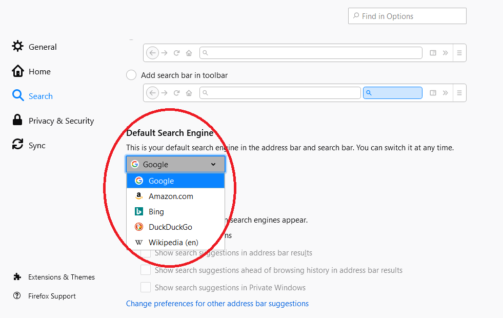 Default Search Engine List in Firefox Computer