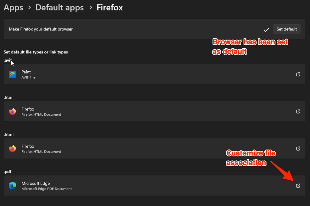 Default browser app on Windows is changed and file types is associated