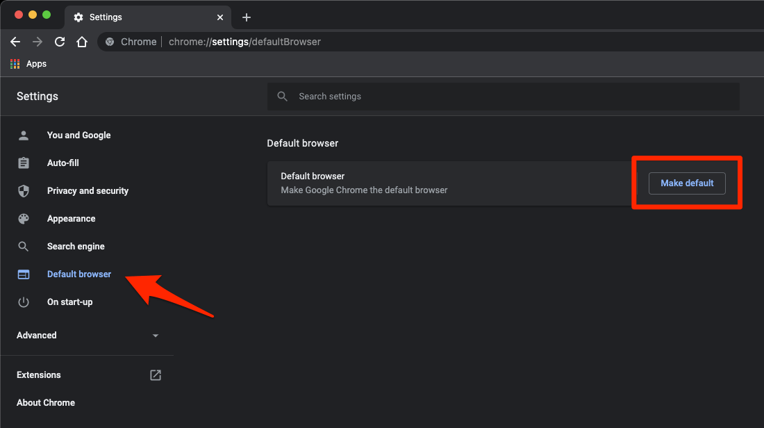Default browser tab in Chrome browser with Make Default command button