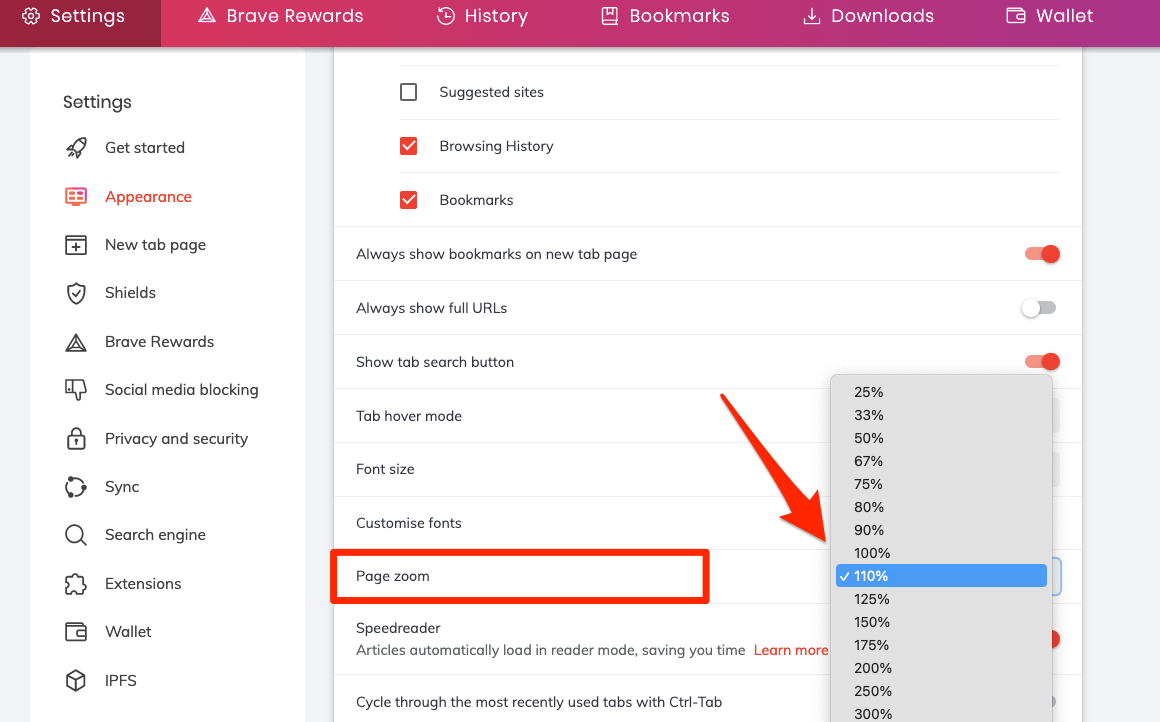Default Page zoom level in Brave computer browser