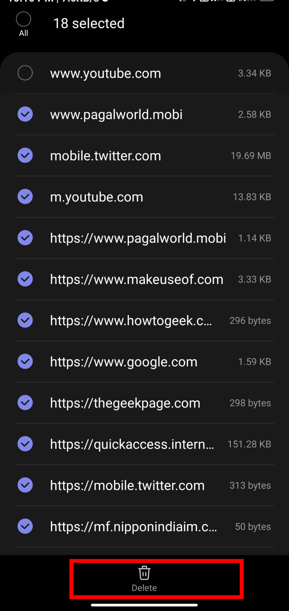 Delete selected cache storage site from Samsung Internet