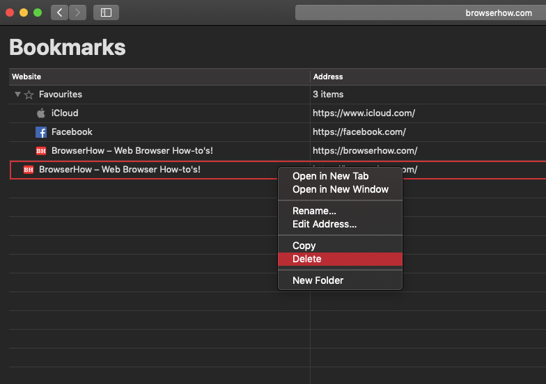 Delete Bookmarks from Apple Safari Browser on MacOS