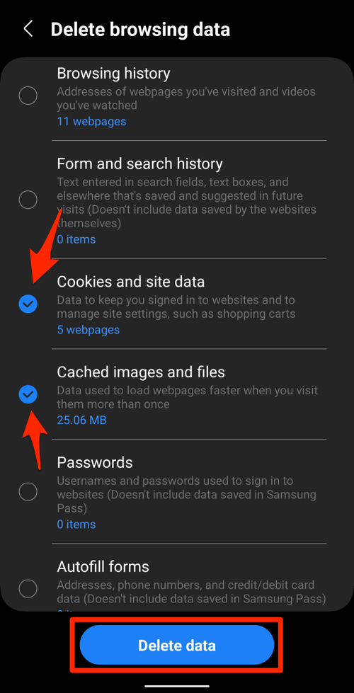 Delete cookies and cache data settings page in Samsung Internet