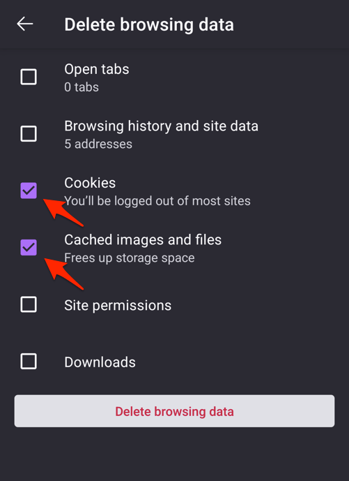 Delete Cookies and cached image files from Firefox Android