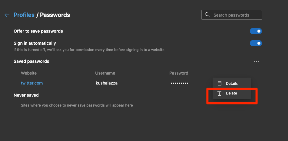 Delete Saved Password in Edge Computer on MacOS