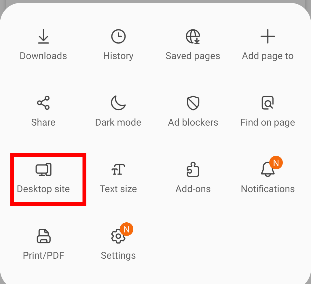 Desktop Site command menu in Samsung Internet