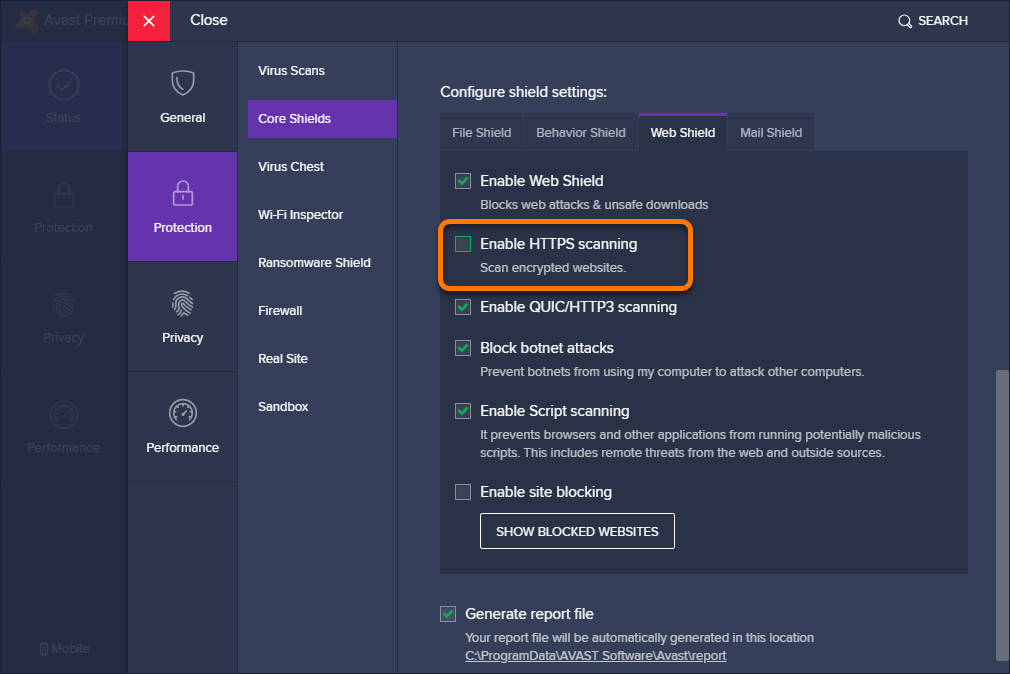Disable HTTPS scanning in anti-virus program
