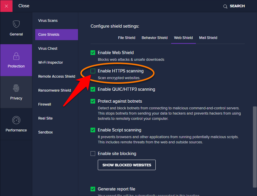 Disable HTTPS scanning in the Antivirus software