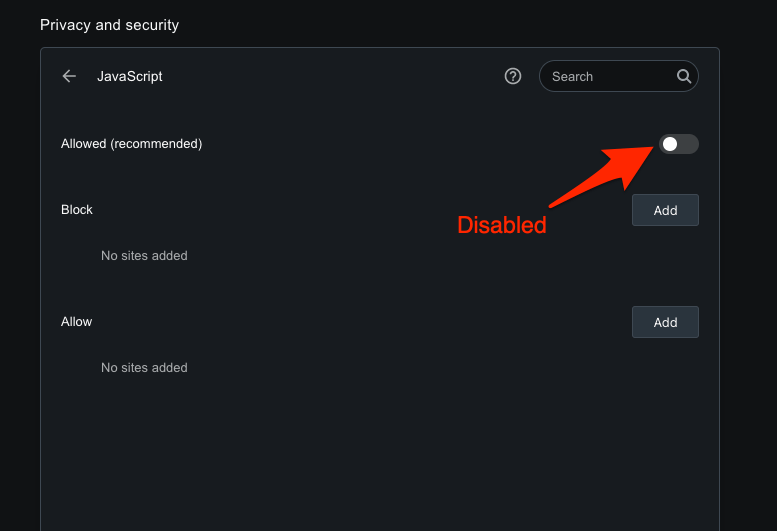 Disable the JavaScript execution on Opera computer browser