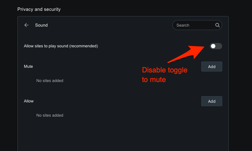 Disable the sound access permission on Opera browser for websites
