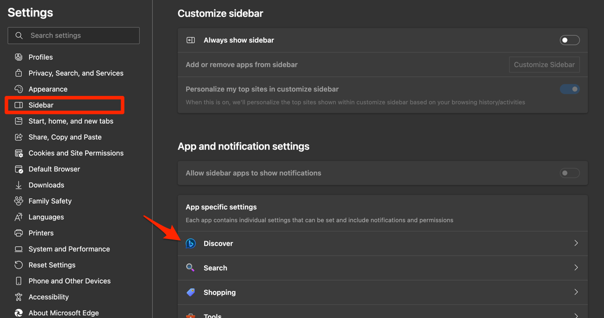 Discover Settings page under Sidebar on Edge browser