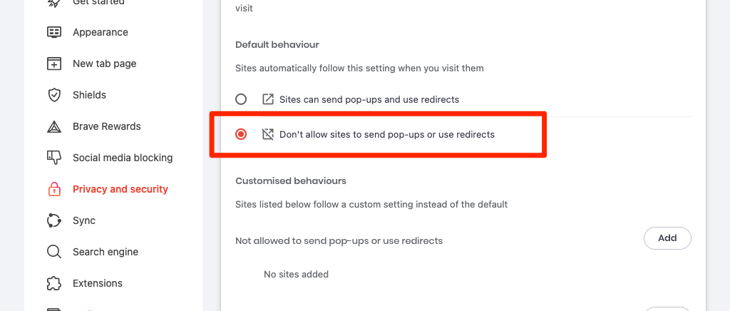 Do not allow sites to send pop-ups and use redirects in Brave browser