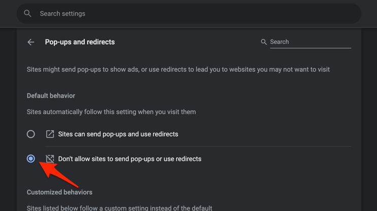 Do not allow sites to send pop-ups and use redirects on Chrome browser
