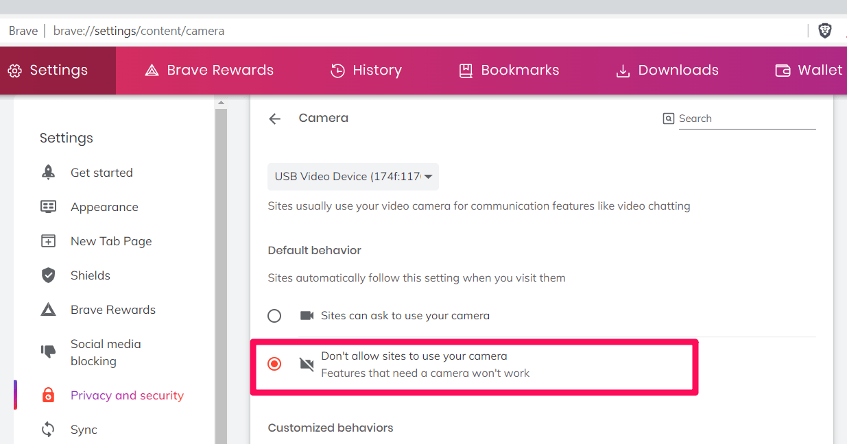 Do not allow the sites to use camera on Brave browser