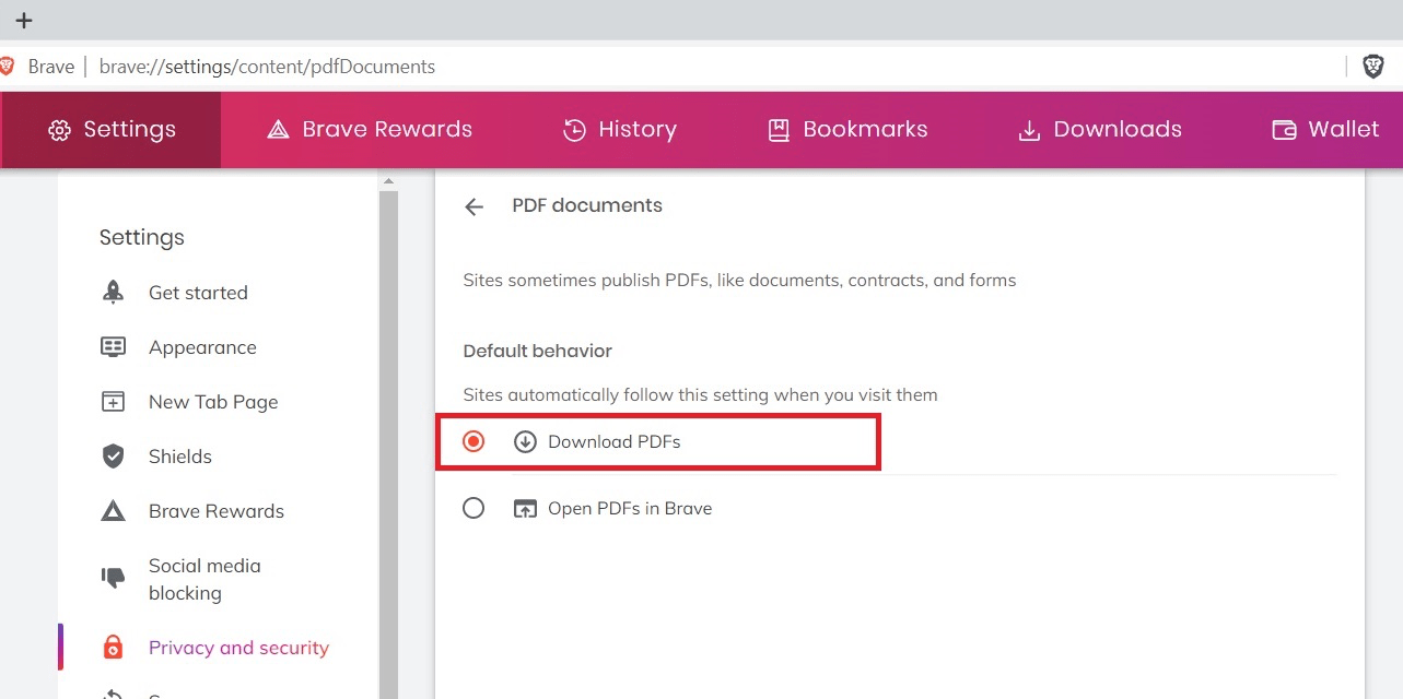 Downloads PDF Radio button on Brave