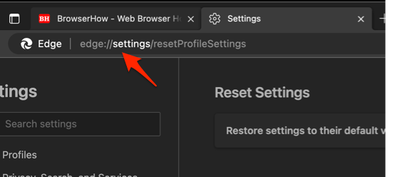 Edge browser Reset Profile Settings address bar