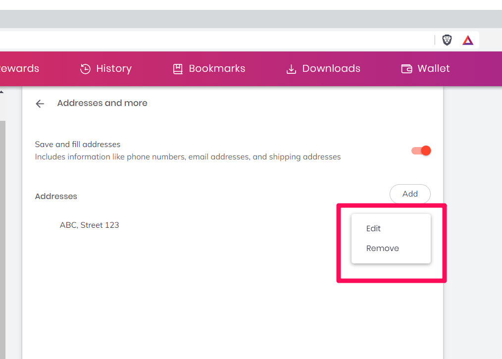 Edit and Remove Saved Address in Brave browser