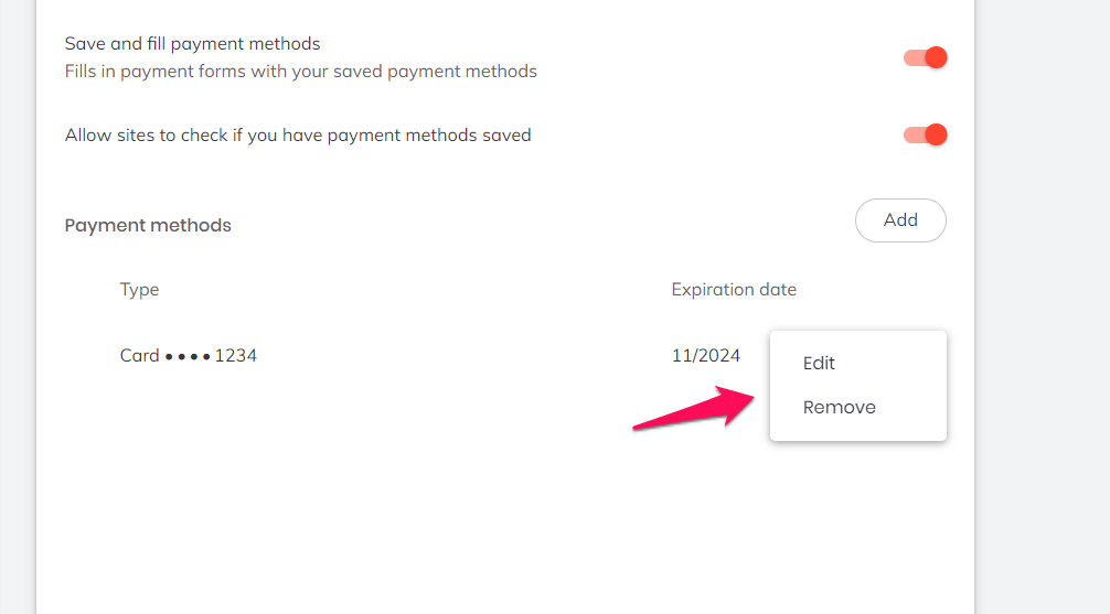 Edit and Remove the Saved Card from Brave Browser