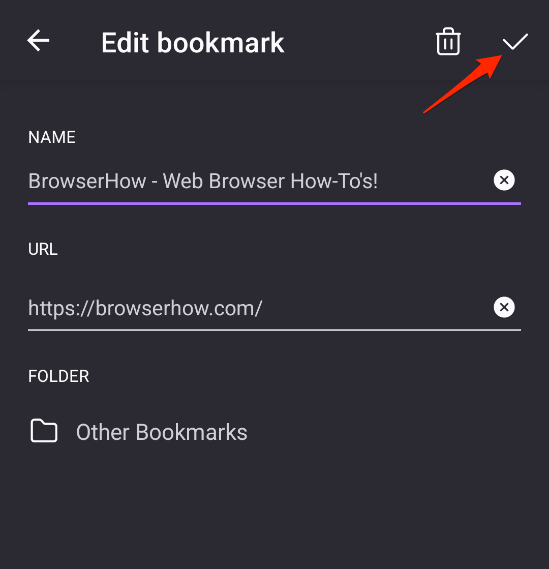 Edit Bookmark page with Save or Delete bookmark on Firefox for Android